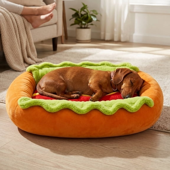 Dachshund Hot Dog Bed, Soft Plush Small Cute and Warm Cozy Food Dog Cat Bed, Removable & Washable Pet Mat with Non-Slip Bottom, Washer and Dryer Friendly