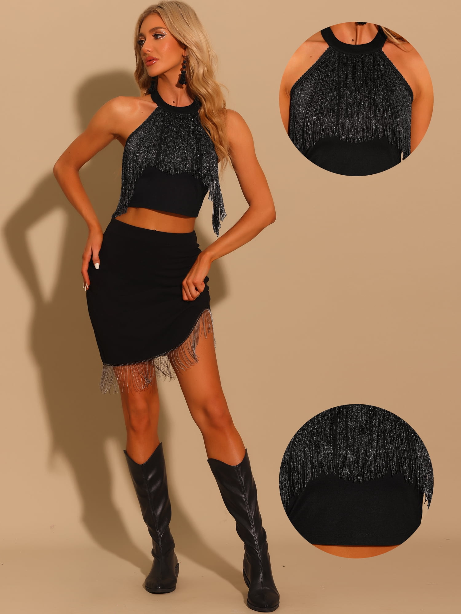 Women's Fringe Trim Glitter Sleeveless Tie Halter Neck Sparkly Corset Top L Black