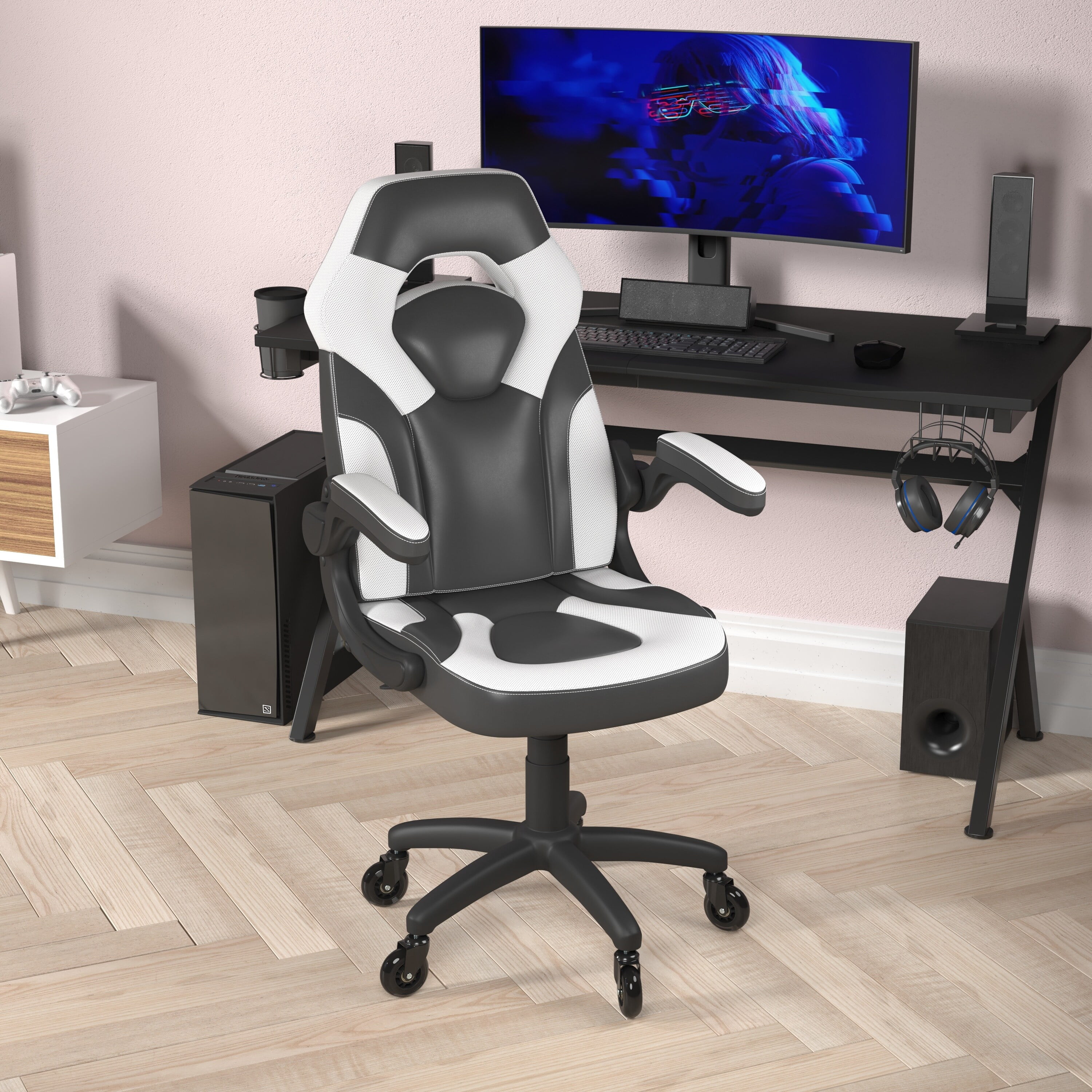 Lancaster Home Office Gaming Chair with Skater Wheels Flip Up Arms LeatherSoft White
