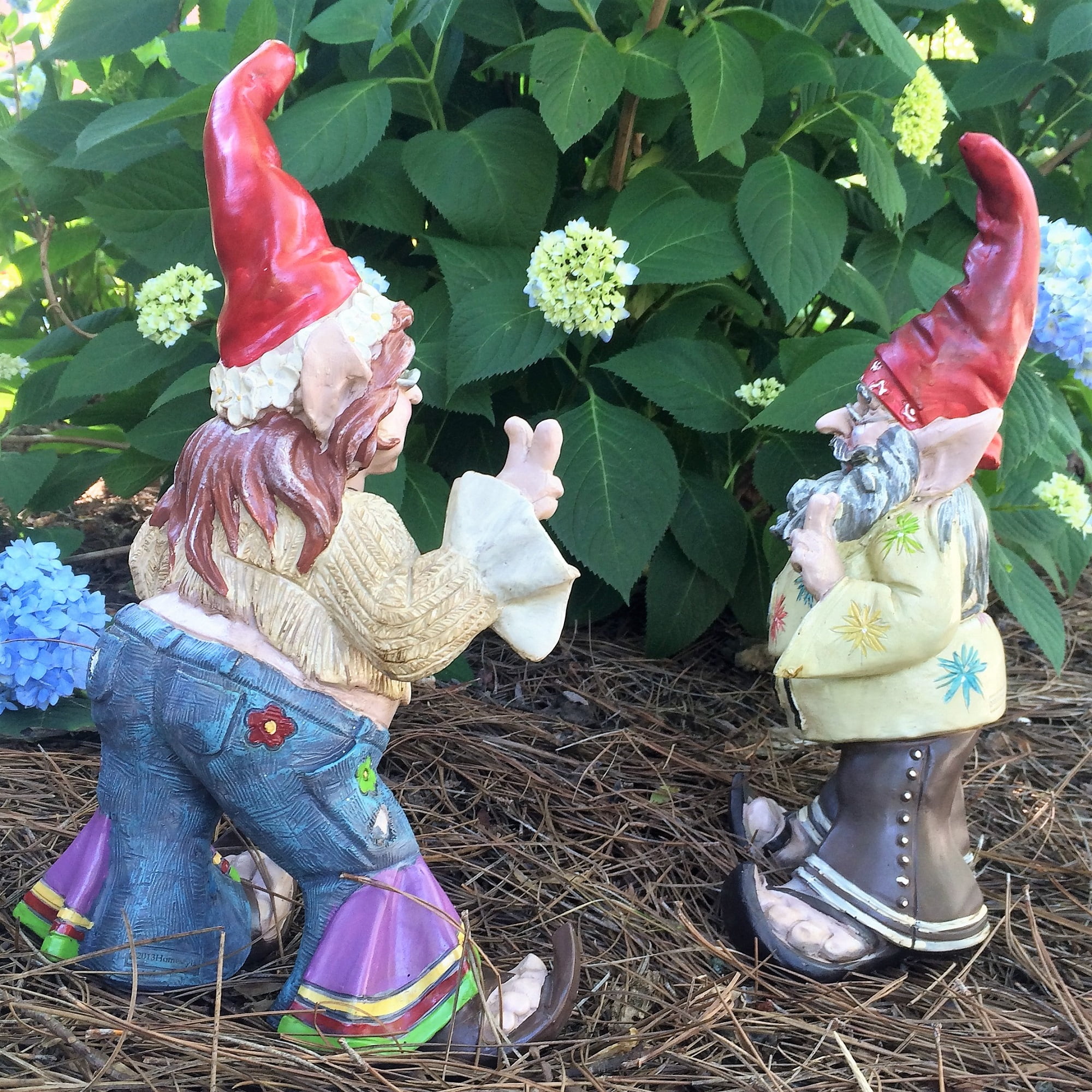 Jerry "Peace Man" and Janice "Chick" Flower Child Hippie Gnome Home & Garden Gnome Statue