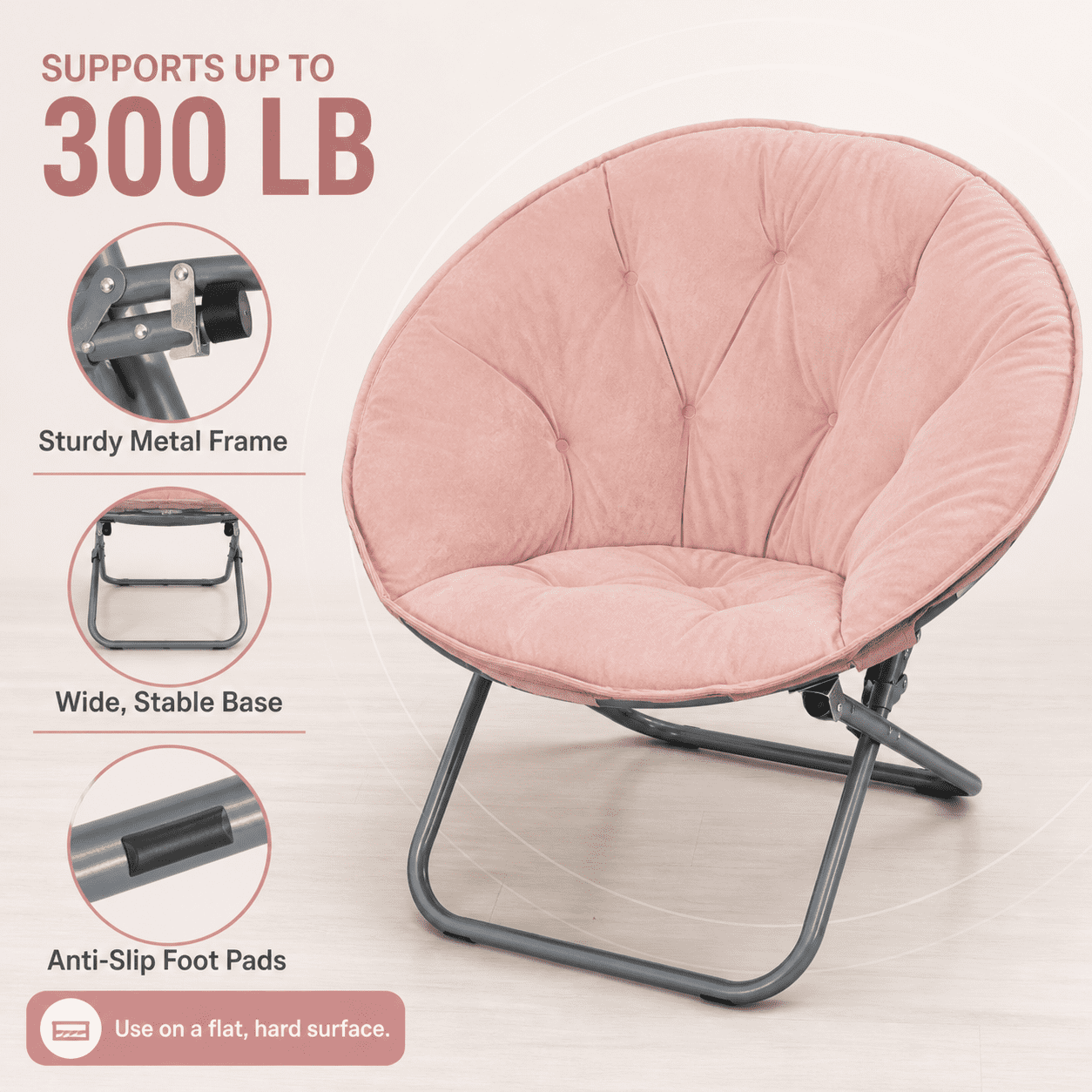 CLOUDREST PRO Soft Plush Folding Saucer Chair for Adults, Padded Round Lounge Seat, Metal Frame, 300 lb Capacity, Pink