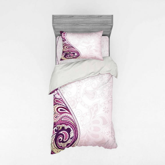 Floral Duvet Cover Set, Swirled Curved Petals Motif Oriental Design, Bedding Set with Shams and Fitted Sheet, 3 Sizes, by Ambesonne