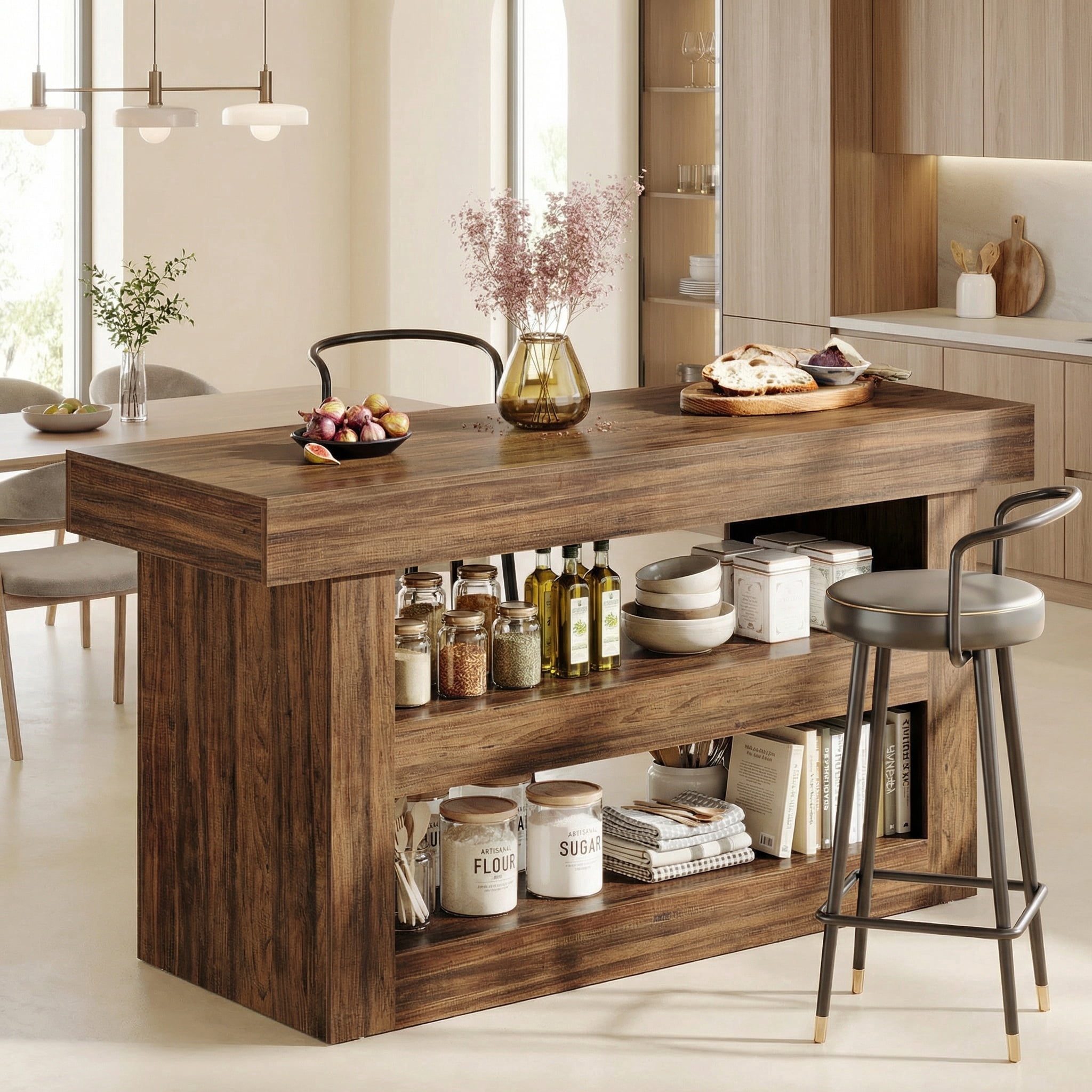Fnova 55" 3-Tier Kitchen Island with Storage, Farmhouse Island Table with Large Countertop, Wooden Bar Table Storage for Kitchen, Dining Room, Brown