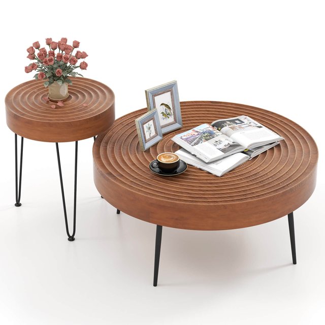 Costway Ensemble de 2 Tables Basses Rondes Style Ferme Table d'Appoint Fini Naturel pour Salon Brun