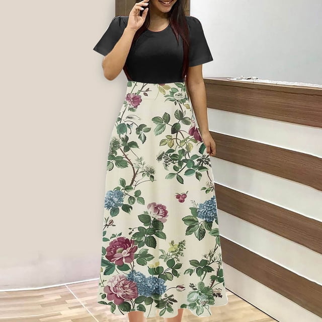 Puntoco Vestido De Manga Corta Con Cuello Redondo Y Falda Larga Estilo Resort Con Estampado Floral Para Mujer Negro M,Regalos Para Mujer Joven