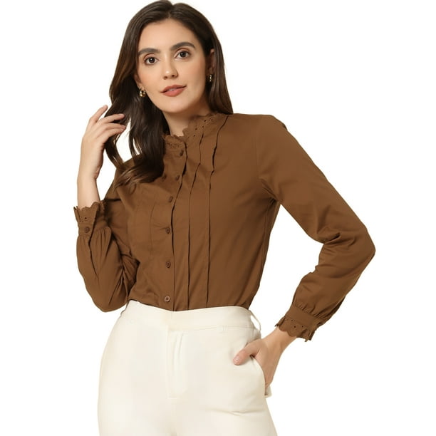 Camisa con botones plisada Allegra K de algodón de oficina con volantes y cuello falso para mujer Marrón S