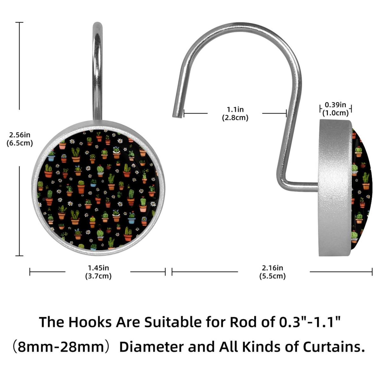12pcs Decorative Shower Curtain Hooks, Rust Resistant Shower Rings for Bathroom Living Room,Rustproof Stainless Steel Rings for Shower Curtain and Liner Rods,Cactus and Daisy Black