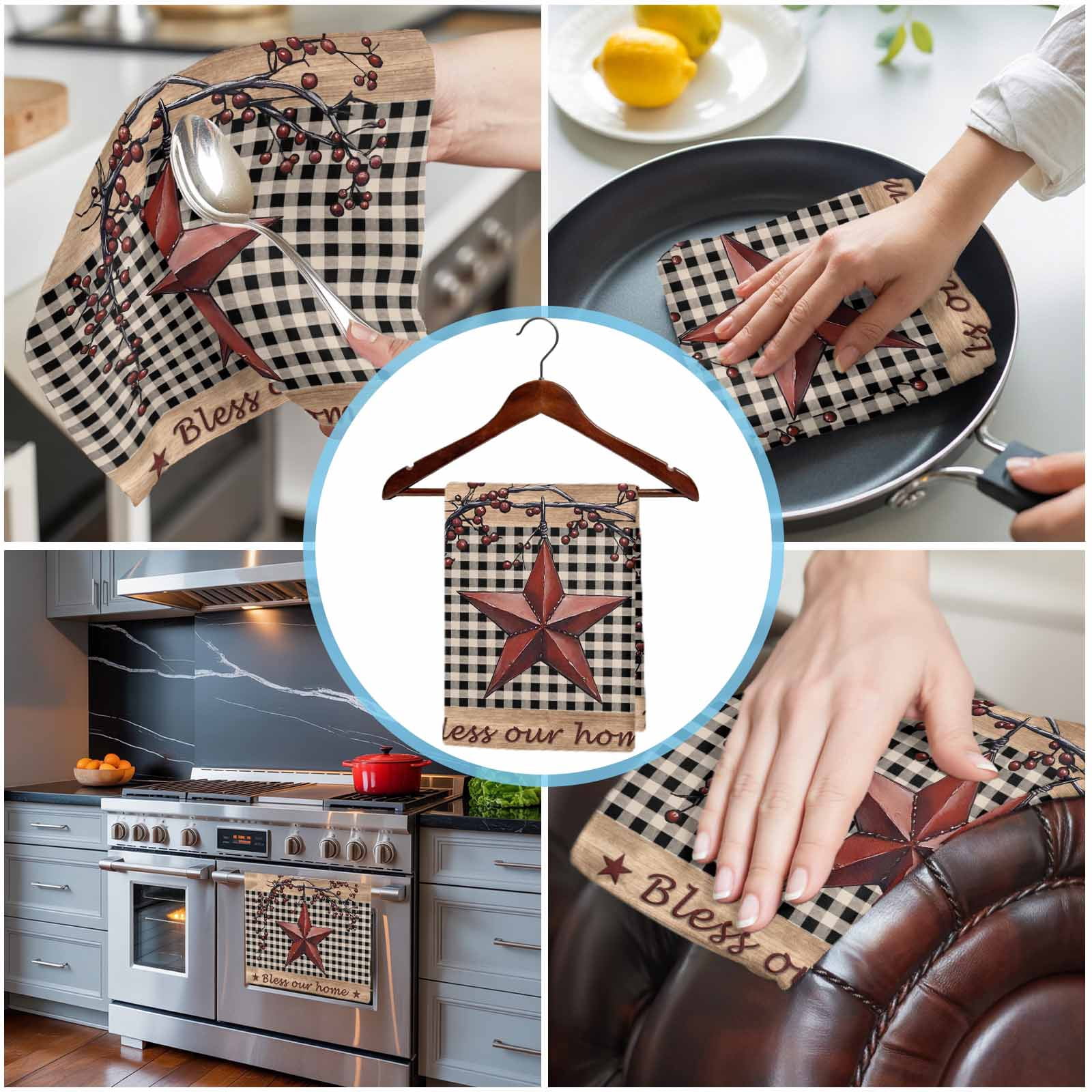 Texas Star Farmhouse Kitchen Towels Set of 4, Water Absorbent Dish Towel, Rustic Black Plaid Berry Wooden Decorative Hand Towels - Quick Drying Cloth for Cooking Baking, 18x28 Inch