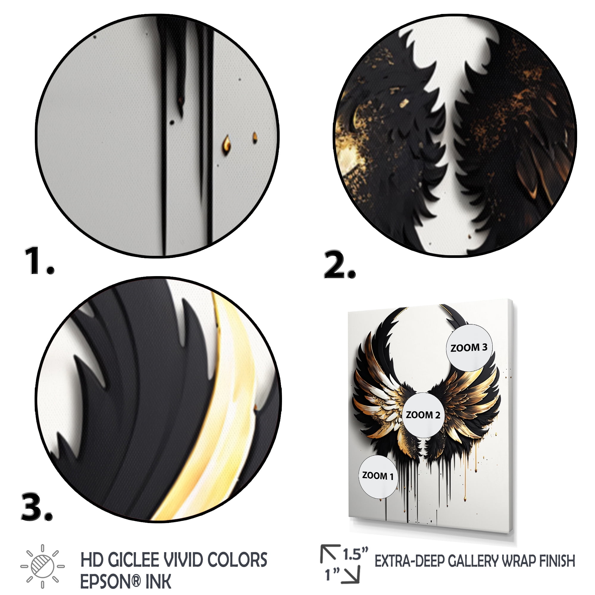 Designart Black Silver And Gold Angel Wings III Canvas Wall Art
