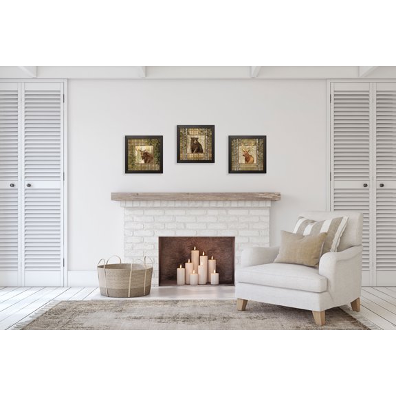 Gango Home Decor Rustic Lodge & Cabin Animal Wall Art; Three Brown 12x12in Art Prints in Black Frames