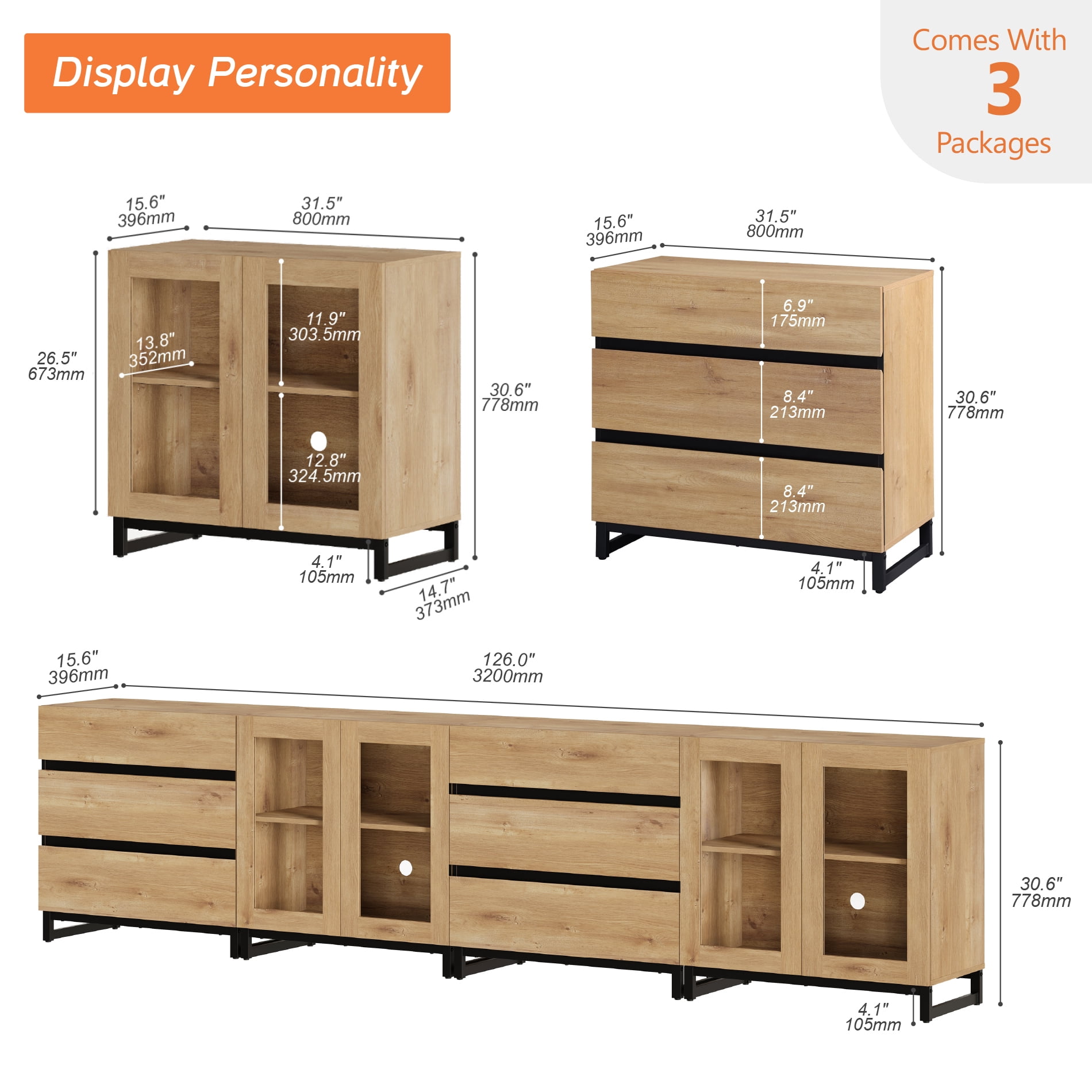 4-In-1 Multifunctional Sideboard Buffet with 6 Drawers, Modern Glass Door Credenza with Adjustable Shelf & Metal Base, Freestanding Coffee Bar Storage Cabinet for Kitchen Living Room,Oak