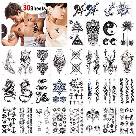 Konsait Temporary Tattoos for Adult Men Women Kids(30 Sheets), Waterproof Temporary Tattoo Fake Tattoos Body Art Sticker Hand Neck Wrist Cover Up Set, Dragon Anchor Scorpion Wolf Graphic Elk