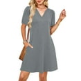 thumbnail image 5 of V-Neck Summer Casual Sundress for Women- Puff Short Sleeve Swing Beach Dress with Pockets, 5 of 6