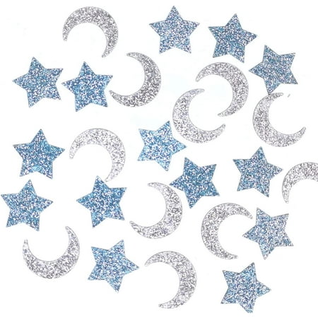 120pcs Glittery Moon and Star Table Confetti for Baby Shower Kids Birthday Party Twinkle Twinkle Little Star Decorations - Paper Scatter - Blue and Silver