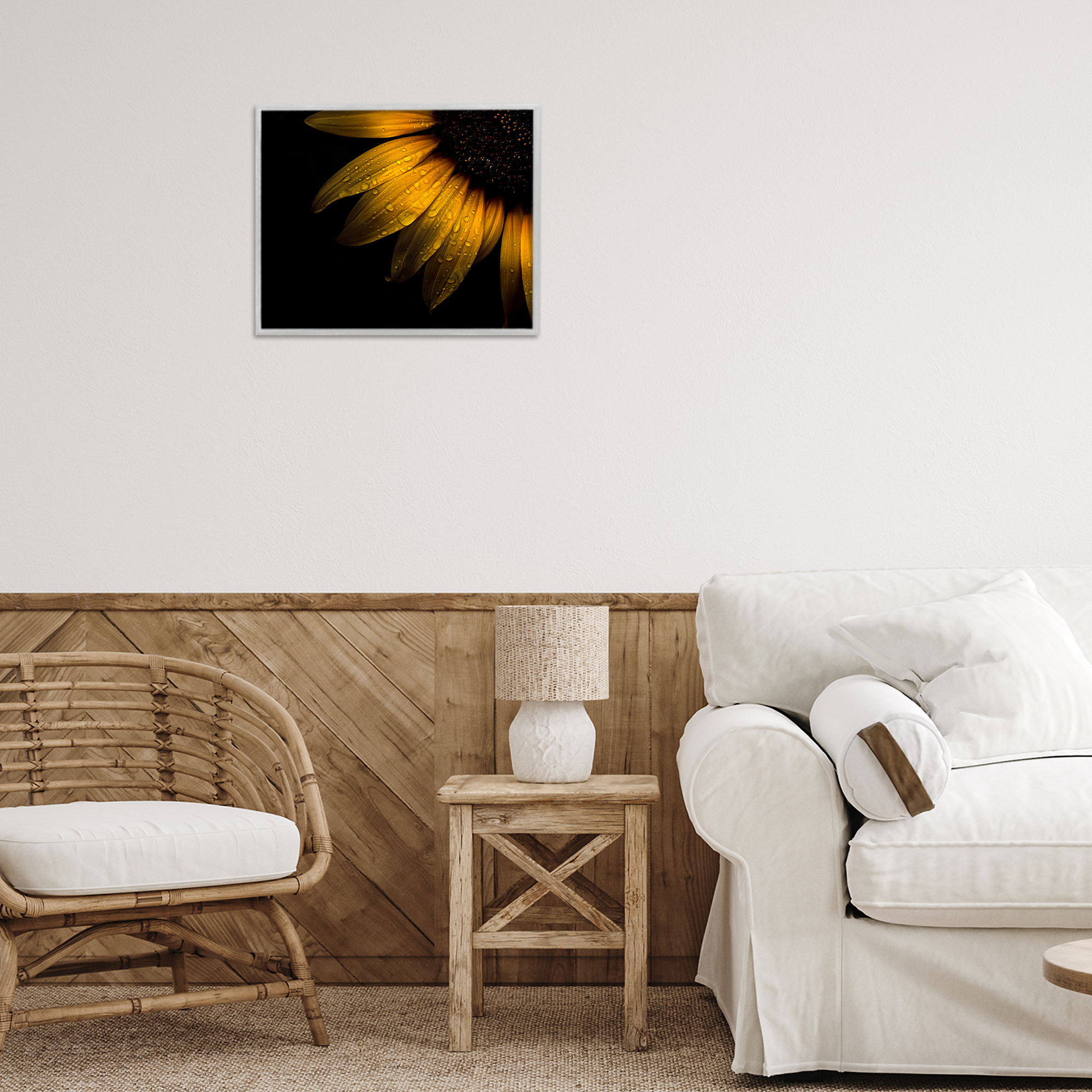 Water Droplets on Sunflower Gray Framed Giclee Art, design by Brian Carson Photography