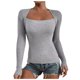 thumbnail image 5 of Jersey de punto para mujer de color liso con cuello cuadrado y manga larga ajustada de punto elástico, poliéster suave, informal, 5 of 8