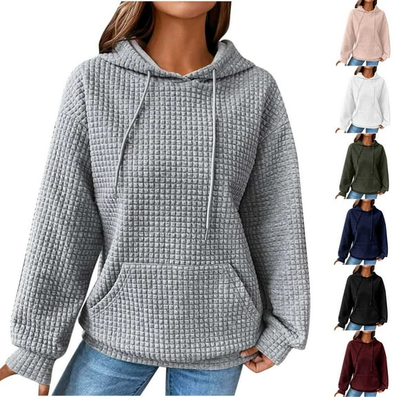 Womens Casual Hoodies Long Sleeve Waffle Drawstring Pullover Tops Loose Hoodies Sweatshirt with Pocket