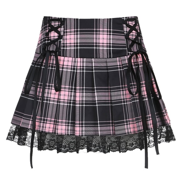 xiaxaixu Women Pleated Skirt Lace Up Waist Plaid Mesh Hem Spring Clothing