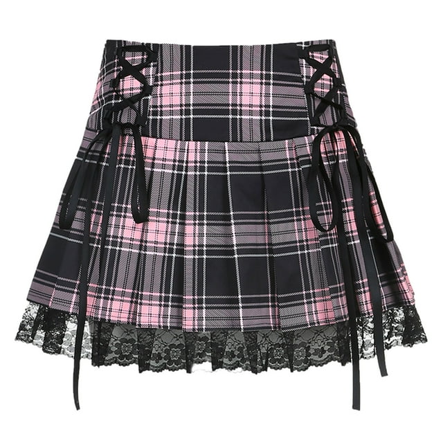 ITFABS Jupe Décontractée pour Femme en Ligne A, Jupe Plissée à Lacets à la Taille Ourlet en Maille à Carreaux