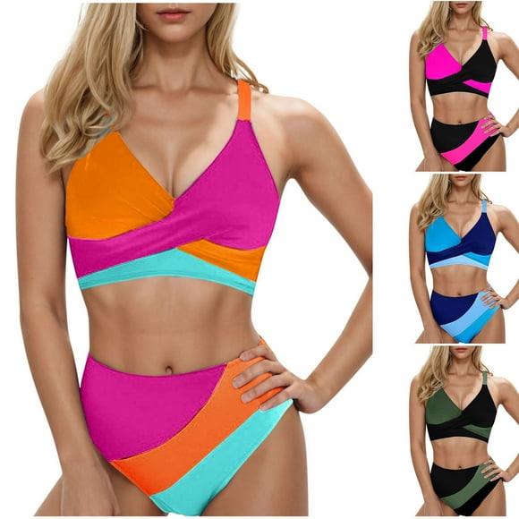 VBTAPA Women High Waisted Tummy Control Bikini Sets Sliming V Neck Two Piece Swimsuits Color Block Bathing Suit Sales of Today Red XL