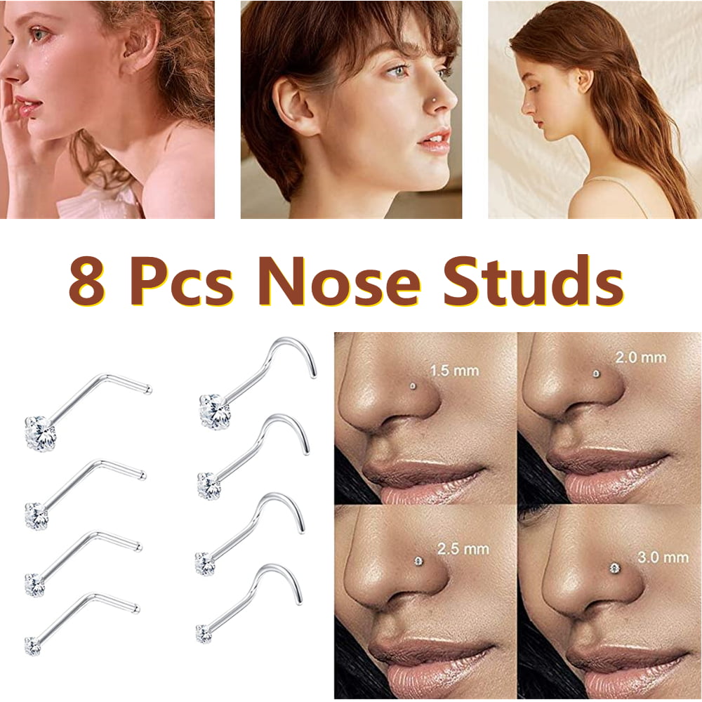 60PCS/Set Stainless Steel CZ Crystal L Shape Nose Ring Body Piercing Stud Gut W0 