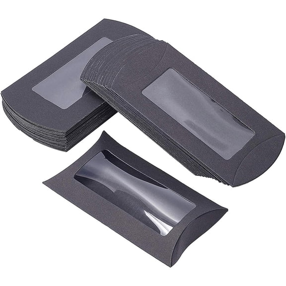 30pcs 30pcs 5x3x1.5 Inches Black Kraft Paper Pillow boxes with Clear Window Packaging box Treat box for Birthday Wedding Party