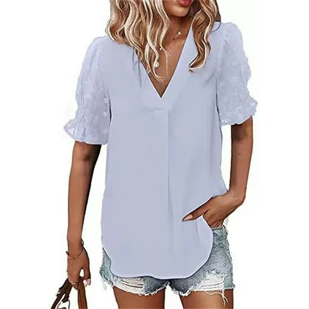Guardurnaity Blusa de manga corta para mujer, camisa informal bordada, bonita, para oficina, playa, vacaciones, compras, disfraz, fiesta, verano, ropa Prendas para la parte del cuerpo Azul claro L Guardurnaity AP009844-23