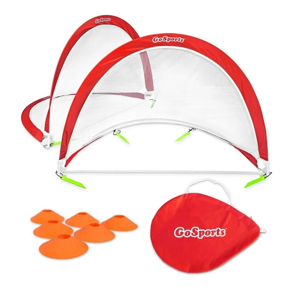 GoSports Buts de Soccer Pop-Up Portables pour Jardin - Enfants & Adultes - Ensemble de Deux Filets de 4 Pieds avec Cônes d'Entraînement à l'Agilité et Étui de Transport