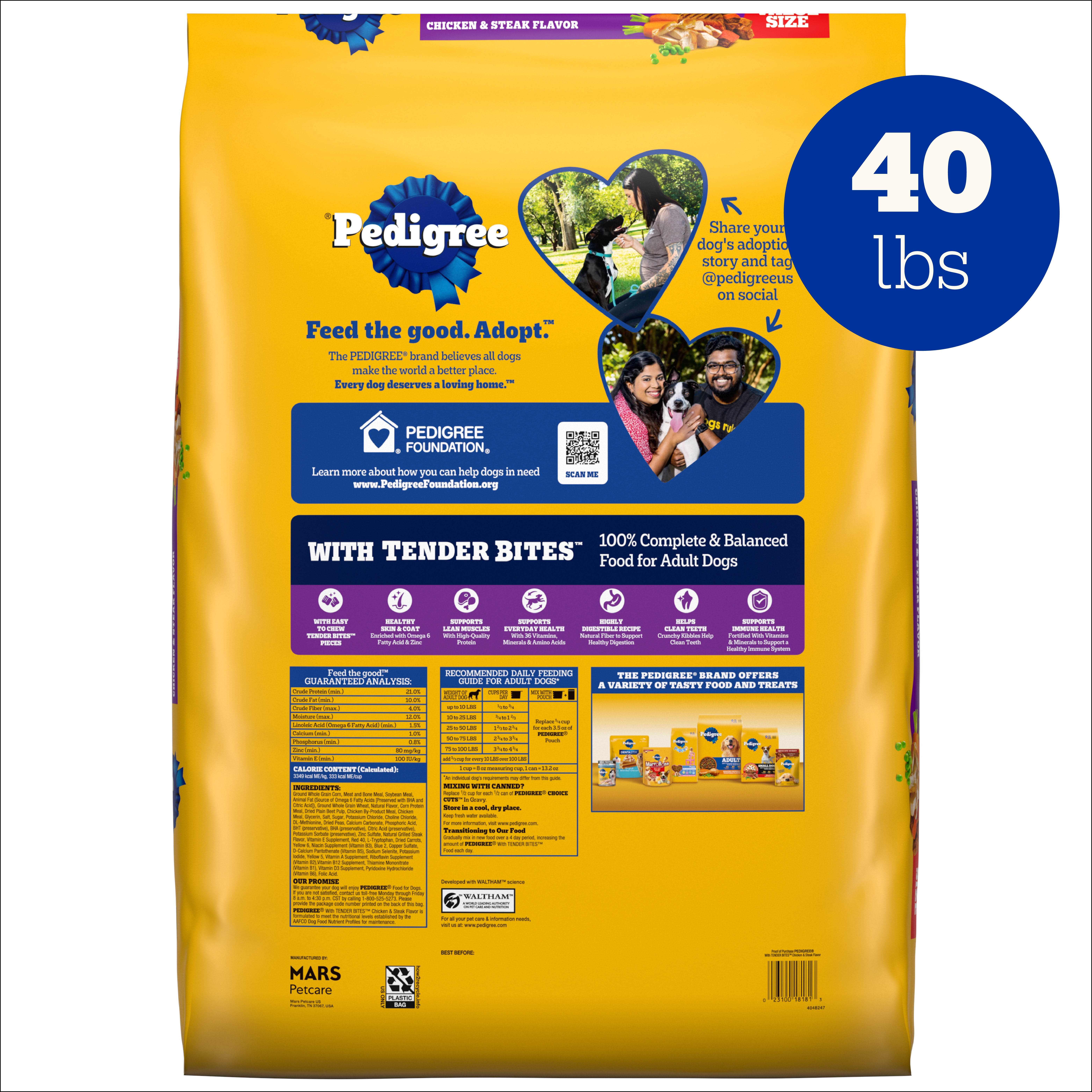 Pedigree With Tender Bites Complete Nutrition Adult, Chicken & Steak Flavor Dry Dog Food, 40 lb Bag