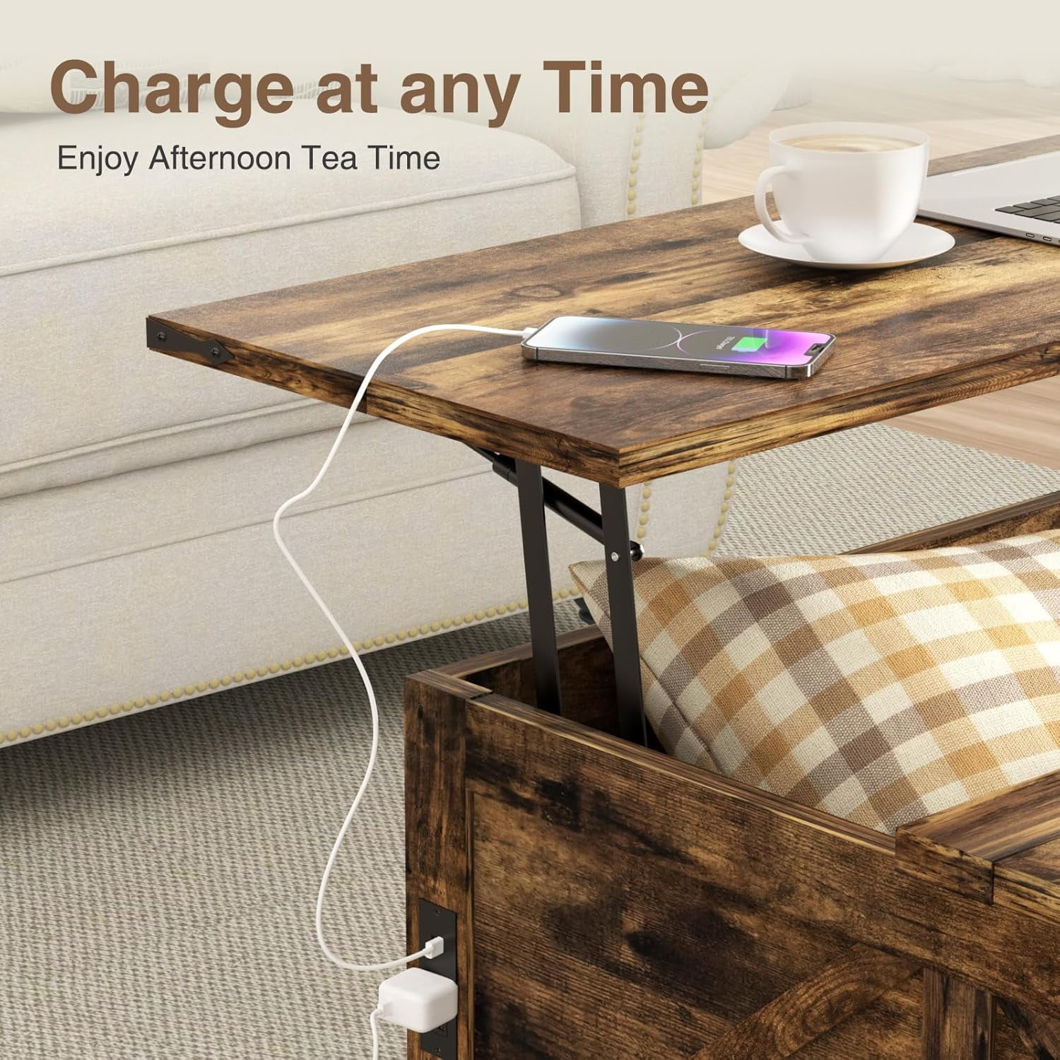 VEANERWOOD 35.4" Lift Top Coffee Table, Farmhouse Wood Square Center Table with Storage & Charging Station Hidden Compartment for Living Room, Home Office