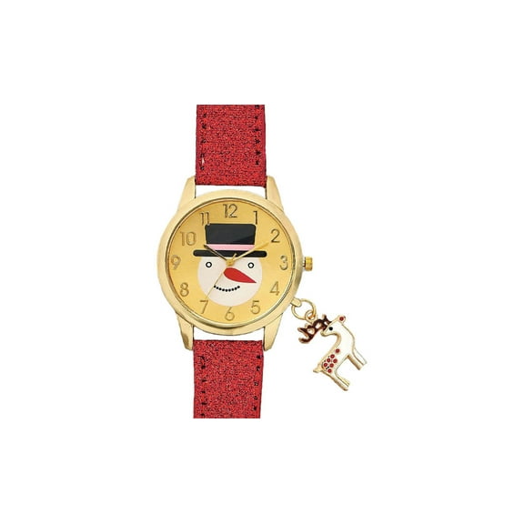 LINEL Womens Snowman Dial Christmas Watch Reindeer Charm Red Glitter Band Watch
