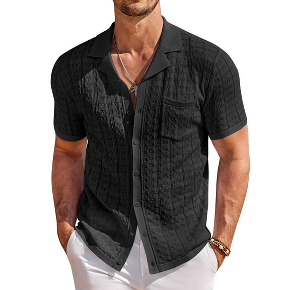 COOFANDY Men's Knit Button Down Shirt Vintage Short Sleeve Polo Shirts Casual Beach Shirts Top