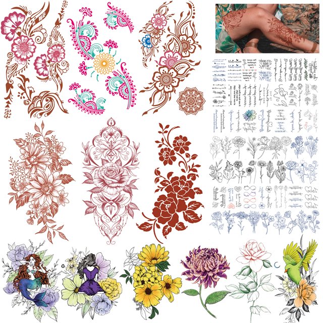 Tatuajes temporales para mujeres Tatuajes temporales de flores impermeables para adultos Kits de tatuajes florales Rosas Precioso tatuaje falso para fiestas Festivales Accesorios de peinado