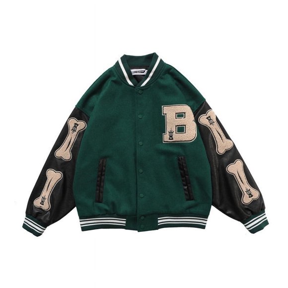 Baseball Bomber Jacket Women Hip Hop Harajuku Bone Letter Patchwork Leather Y2k Jackets Streetwear green XXL