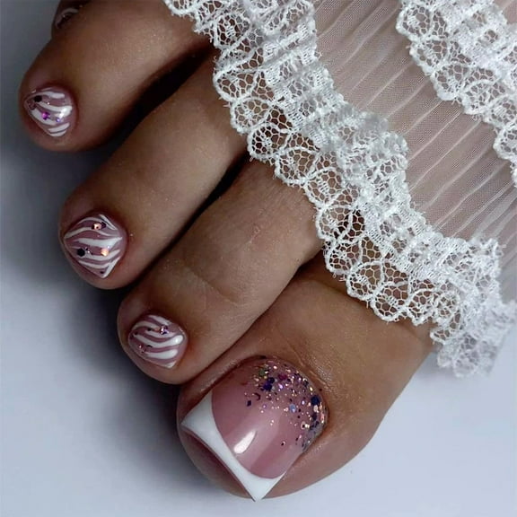 Pink Butterfly Gold Foil Press on Toenails for Women White French Tip Fake Toenails Glossy Full Cover Toenails Tips Summer Charm Acrylic Toe Nails Multicolor Fake Toenails Design 668