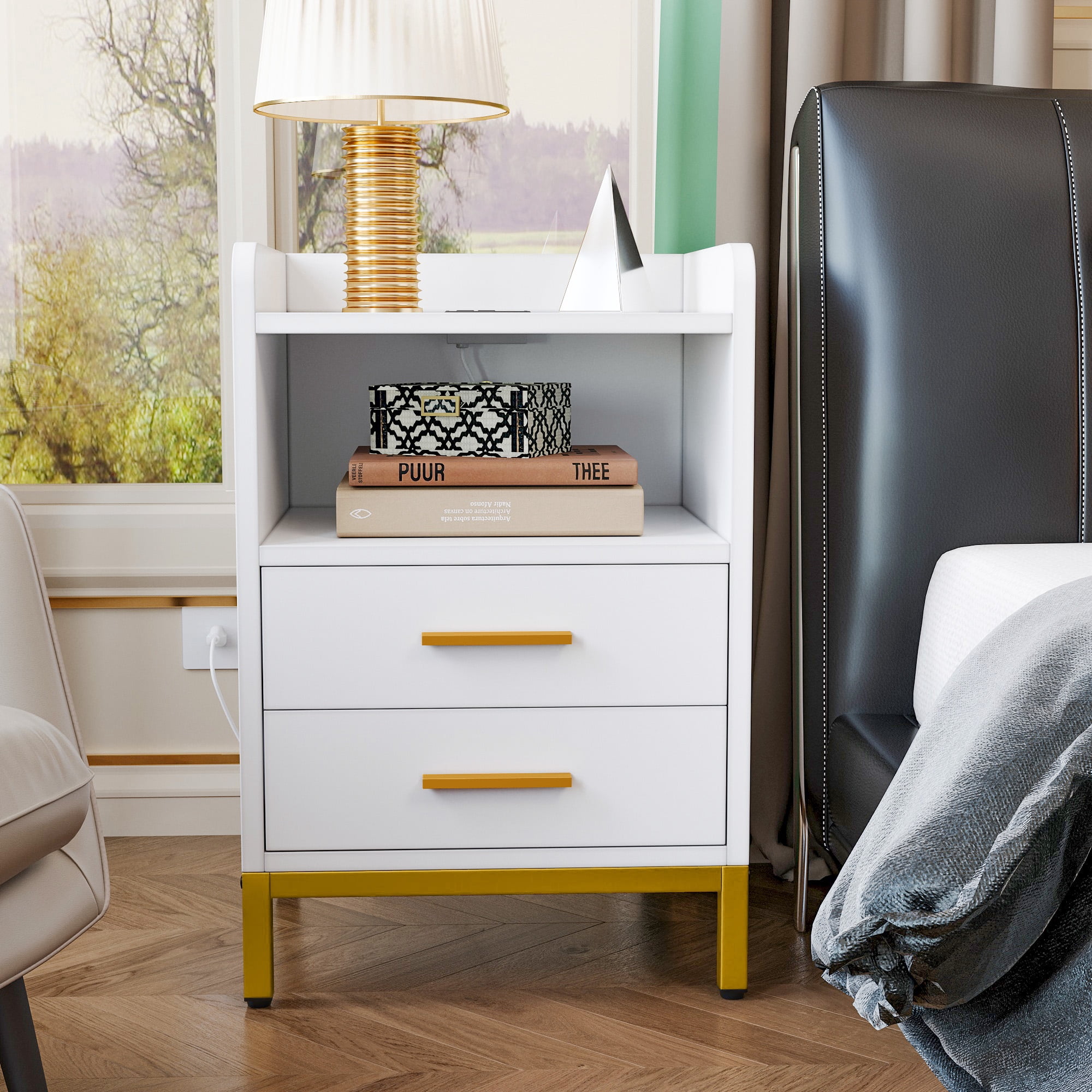 Dextrus LED Nightstand with Charging Station, Modern Bedside End Table with Drawers and Shelf, White