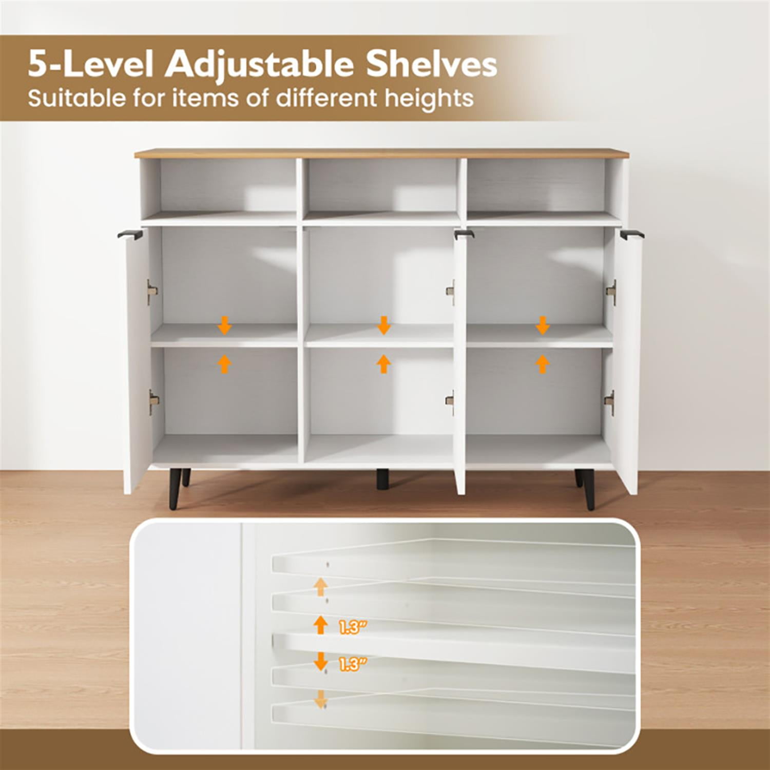 Demi Bonn 47" Sideboard Buffet Cabinet with 5-Position Adjustable Shelves, Kitchen Storage Cabinet, Wood Coffee Bar Buffet Table for Dining Room, White