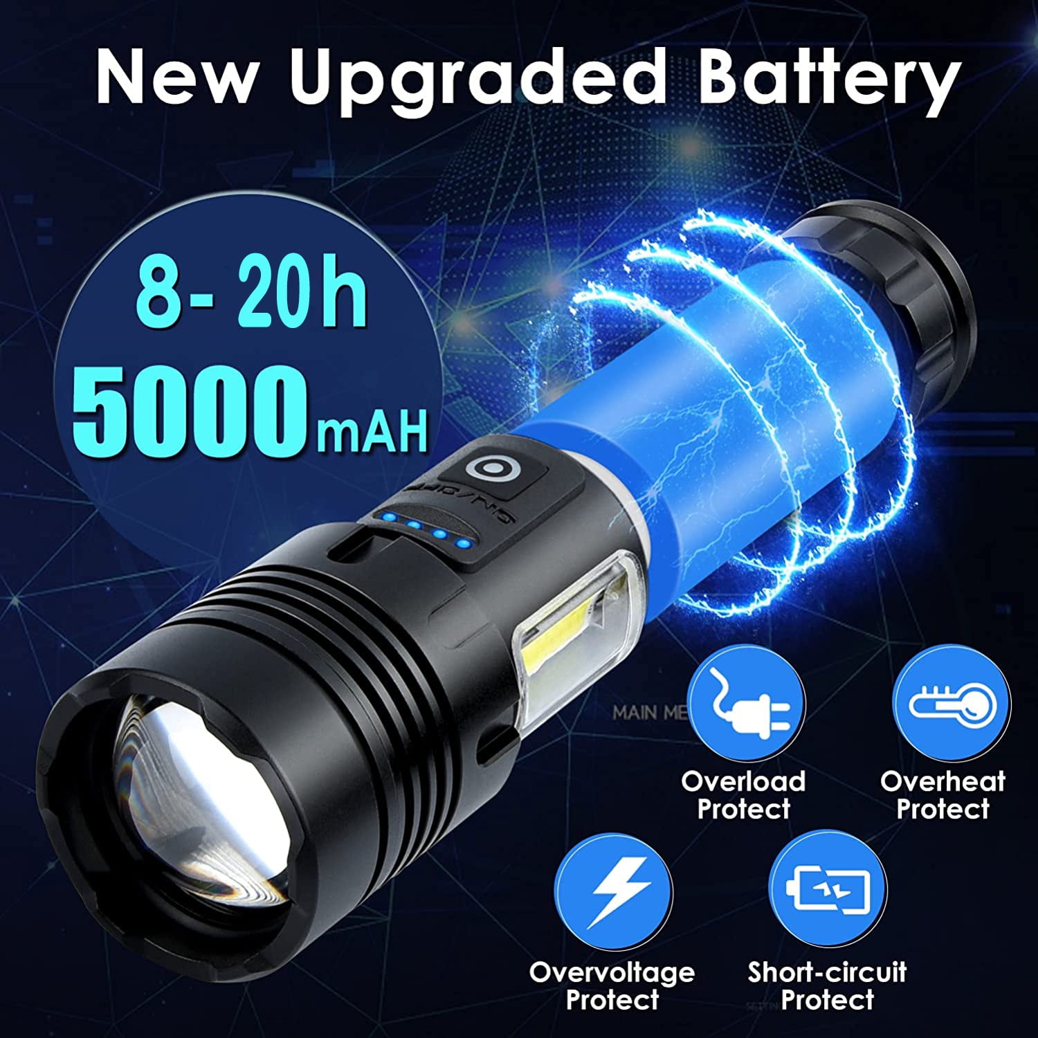 90000 Lumens Powerful Flashlight, Rechargeable Waterproof Searchlight Super Bright Handheld Led Flashlight with USB Zoom Torch for Emergency Hiking Hunting Camping