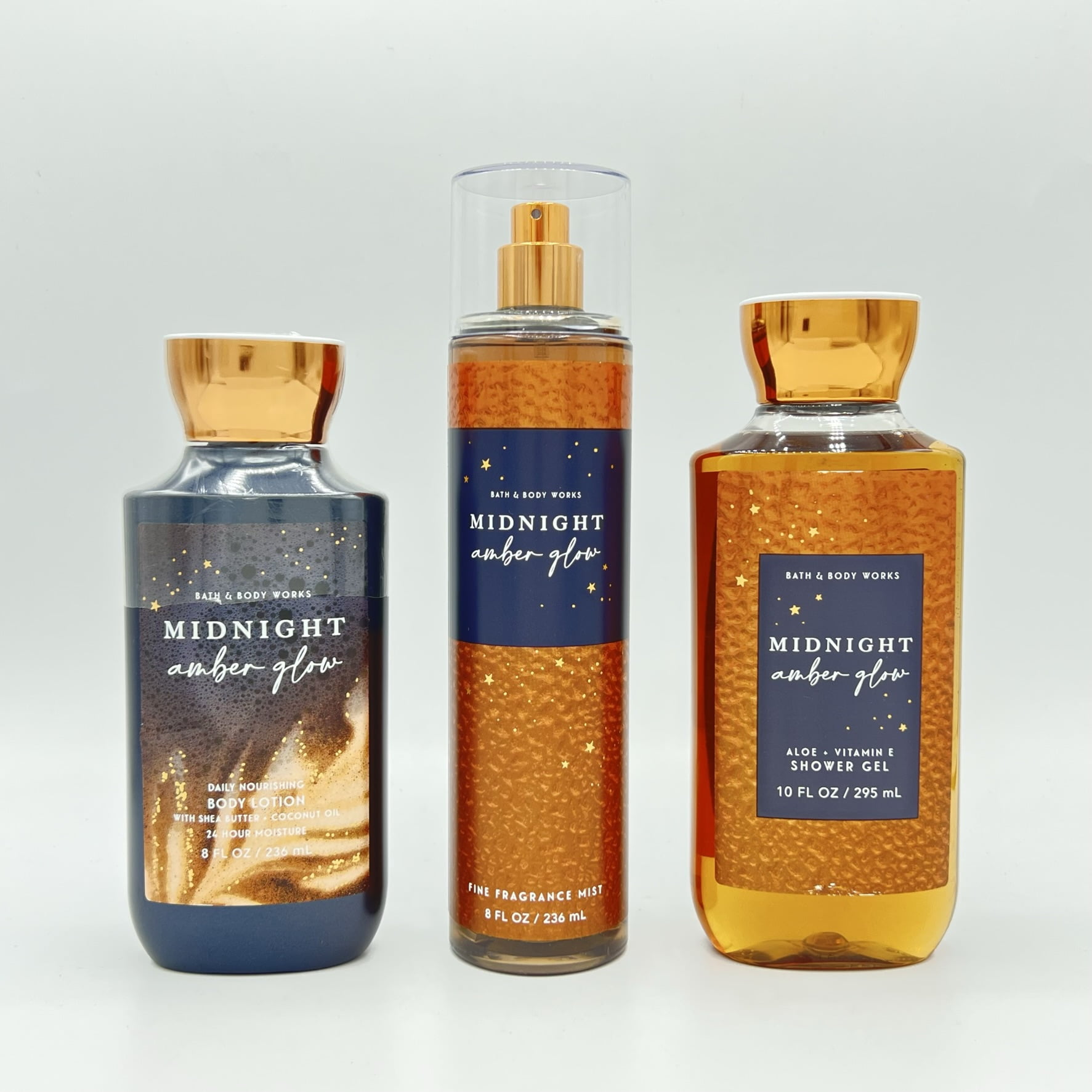 Bath & Body Works Midnight Amber Glow 8oz Body Lotion, 8oz Fine Fragrance Mist and 10oz Shower
