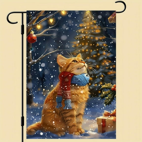 Christmas Cat Garden Flag 28x40 Double Sided Vertical - Outdoor Decorative Orange Cat House Flag for Outside Winter Yard Garden Lawn Banner