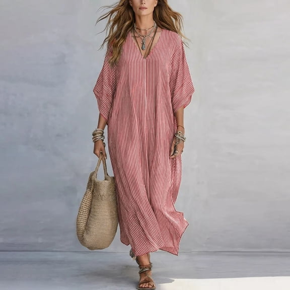 Aimik Women's V-Neck Striped Dolman Sleeve Maxi Dress Casual Loose Fit Beach Cover-Up Kaftan Summer Dresses for Women