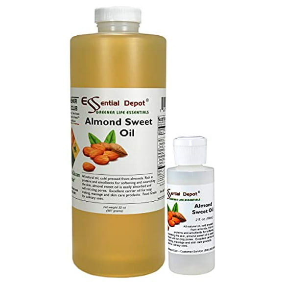 Almond Sweet Oil PLUS FREE 2 oz empty container - 1 Quart - 32 oz - safety sealed HDPE container with resealable cap - 100% Pure and Natural for Hair, Skin, Massage and Cooking