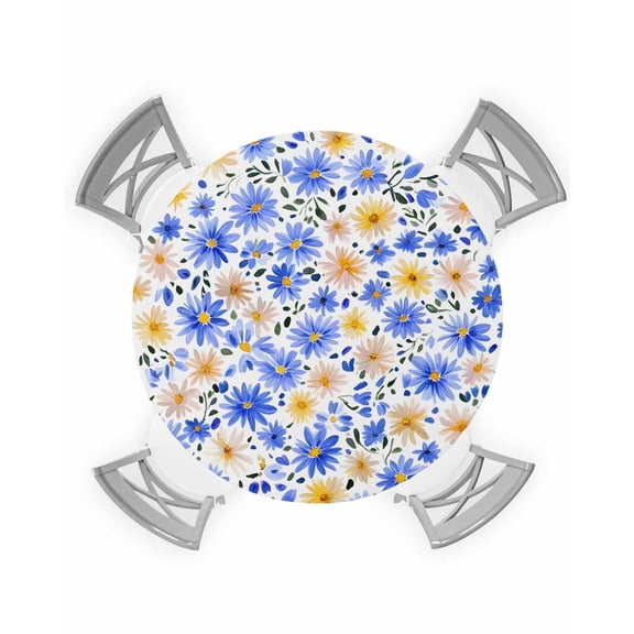 nqOlkjepod Daisy Flowers Round Tablecloth, Fitted Table Cover with Elastic for 45"-54" Round Tables, Country Pastoral Blue Petals Floral Table Cloth Outdoor Dinning Party Waterproof Tablecloths