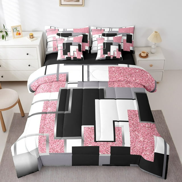 YST 7 Piece Geometric Square Bed In A Bag Pink Black Grey White Bedding Set, Twin Size