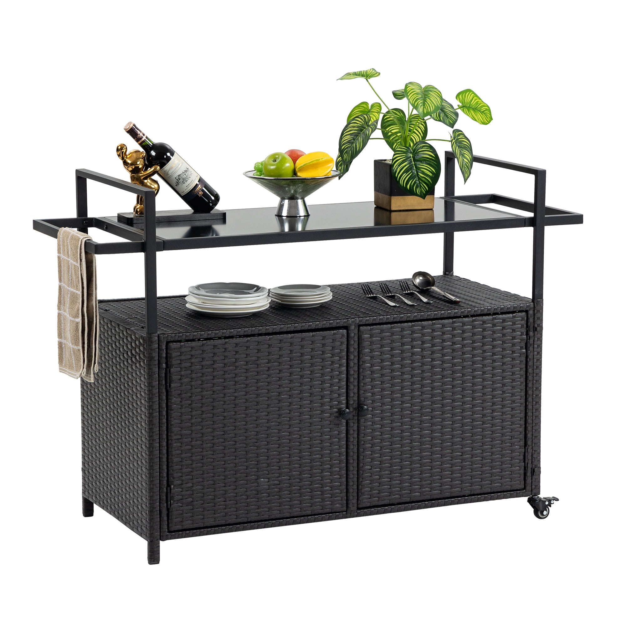 Outdoor Bar Cart,Patio Wicker Wine Serving Cart w/Wheels,Rolling Rattan Beverage Bar Counter Table w/Glass Top for Porch Backyard Garden Poolside Party,Black