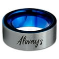 thumbnail image 2 of Tungsten Always Typography Writing Band Ring 8mm Men Women Comfort Fit Blue Flat Cut Brushed Gray Polished, 2 of 4