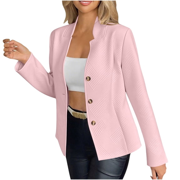 Ynynloco Women's Casual Long Sleeve Lapel Button Slim Work Office Blazer Jacket Embossed Textured Blazer Stand Collar Gold Button Suit Jacket