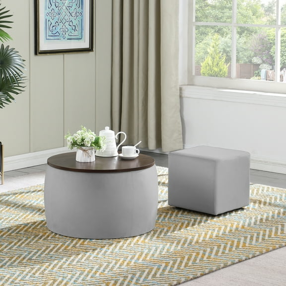 Round Ottoman Set With Storage, 2-in-1 Coffee Table & Footrest for Living Room, Bedroom, Entryway Reversible Lid Tray Design
