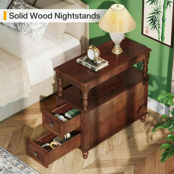 Cherry Finish Wood End Table with 2 Drawers, Mid-Century Wooden Slim Side Table Nightstands with Storage Shelf, Accent Table for Living Room, Easy to Assemble