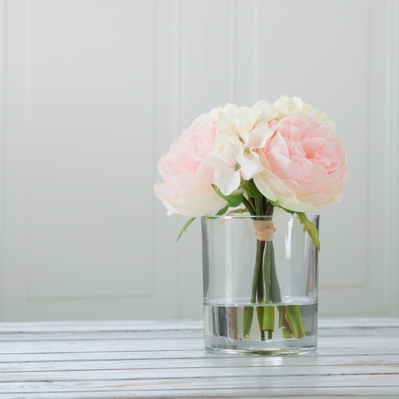 Pure Garden  6-Stem Rose and Hydrangea Floral Arrangement in Glass Vase, Pink and Cream